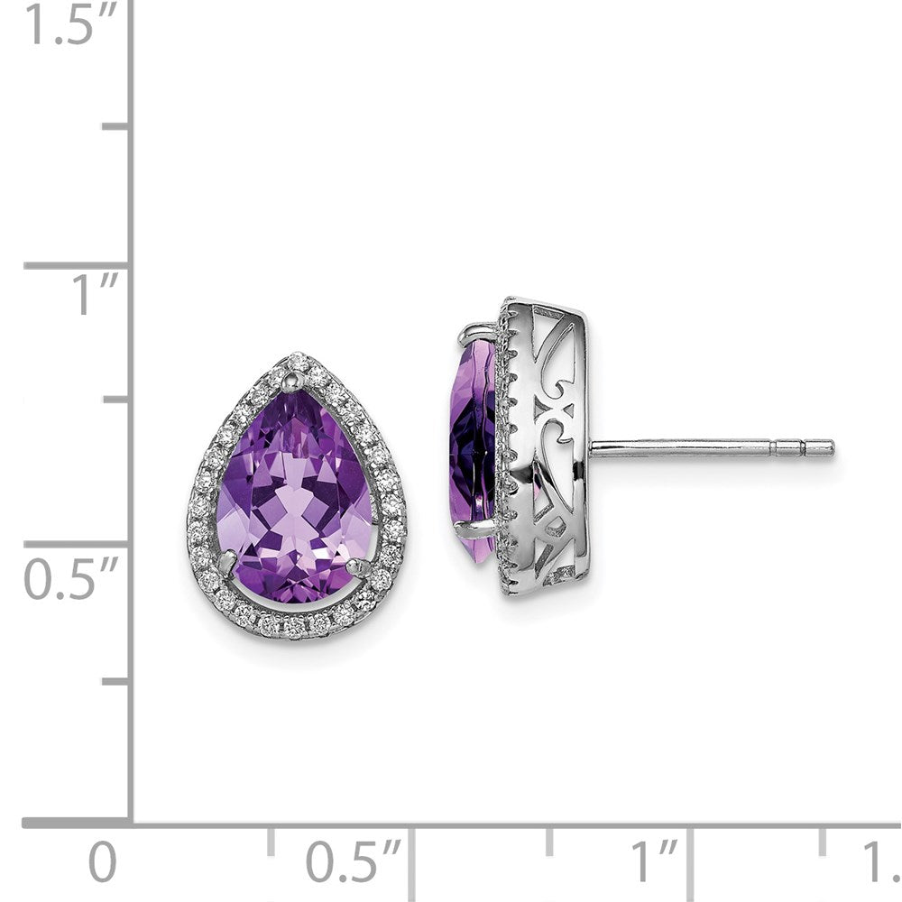 Sterling Silver Rhodium Polished Amethyst u0026 CZ Post Earrings