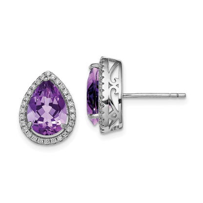 Sterling Silver Rhodium Polished Amethyst u0026 CZ Post Earrings