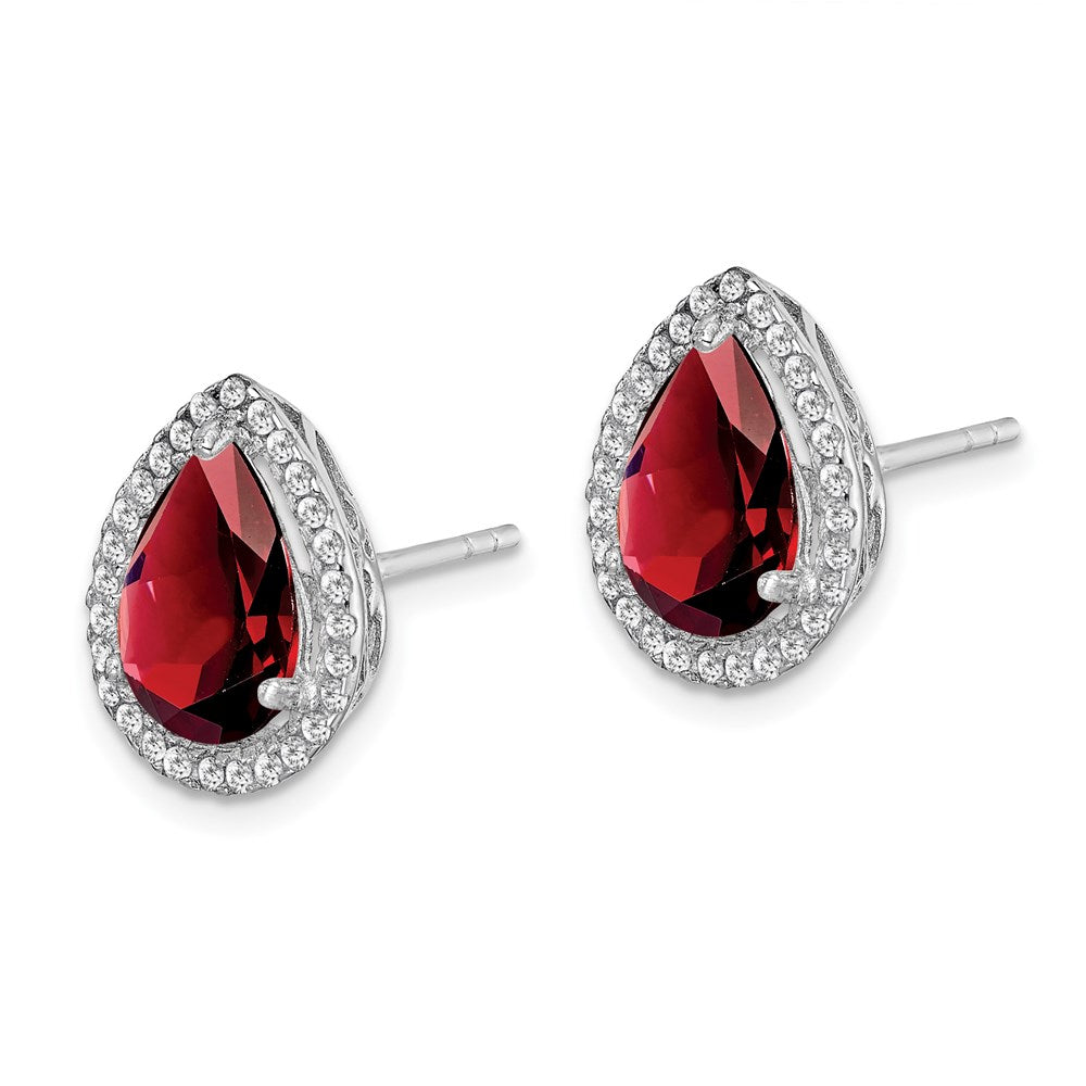 Sterling Silver Rhodium Polished Garnet u0026 CZ Post Earrings