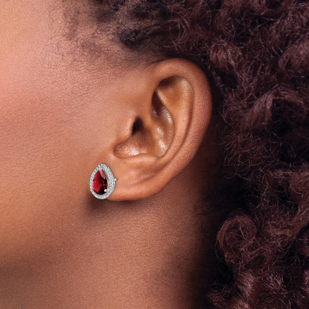 Sterling Silver Rhodium Polished Garnet u0026 CZ Post Earrings