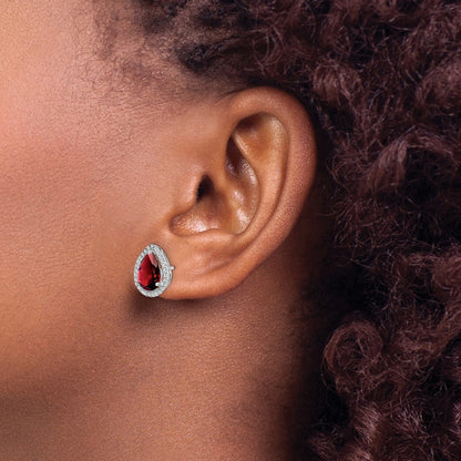 Sterling Silver Rhodium Polished Garnet u0026 CZ Post Earrings