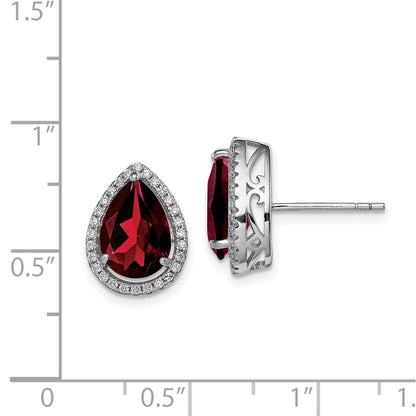 Sterling Silver Rhodium Polished Garnet u0026 CZ Post Earrings