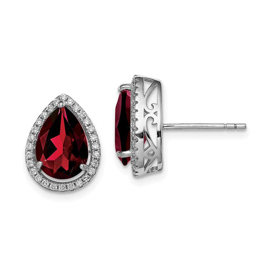 Sterling Silver Rhodium Polished Garnet u0026 CZ Post Earrings