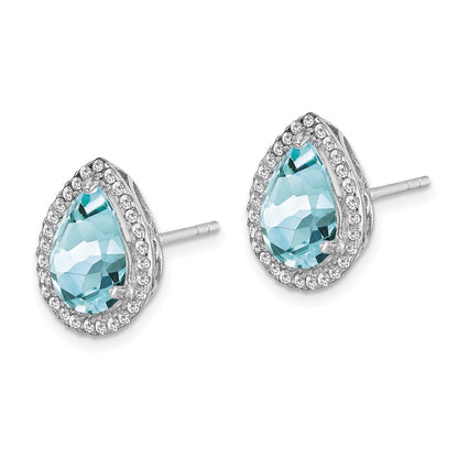 Sterling Silver Rhodium Created Aquamarine u0026 CZ Post Earrings