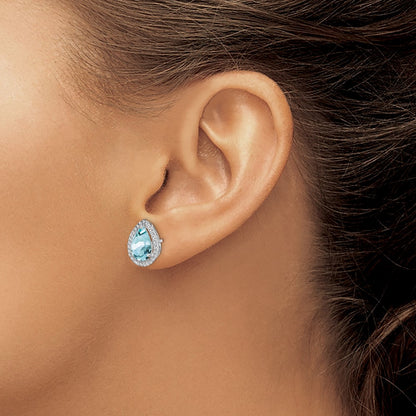 Sterling Silver Rhodium Created Aquamarine u0026 CZ Post Earrings