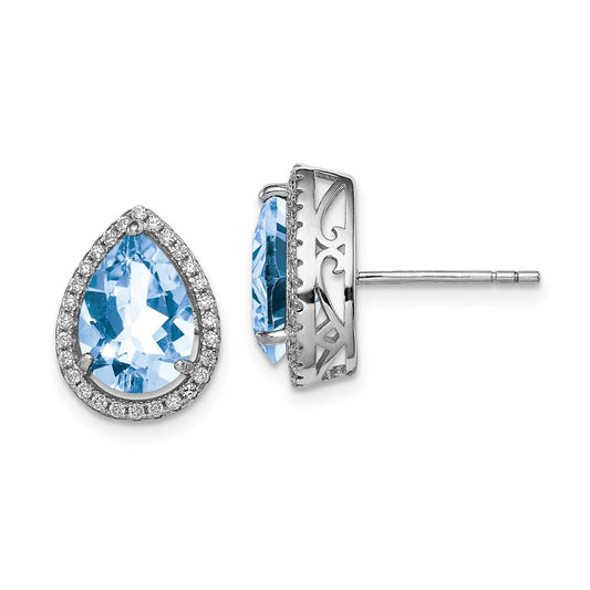 Sterling Silver Rhodium Created Aquamarine u0026 CZ Post Earrings