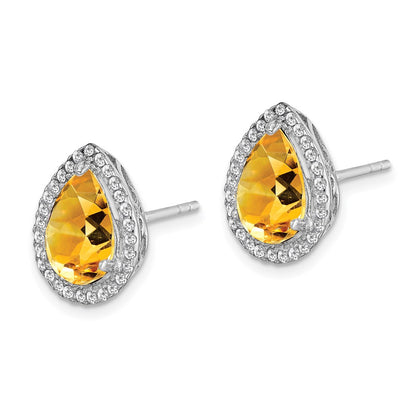 Sterling Silver Rhodium Polished Citrine u0026 CZ Post Earrings