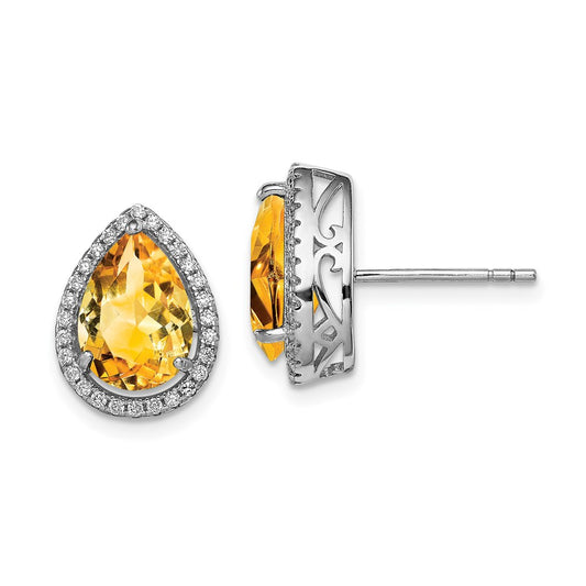 Sterling Silver Rhodium Polished Citrine u0026 CZ Post Earrings