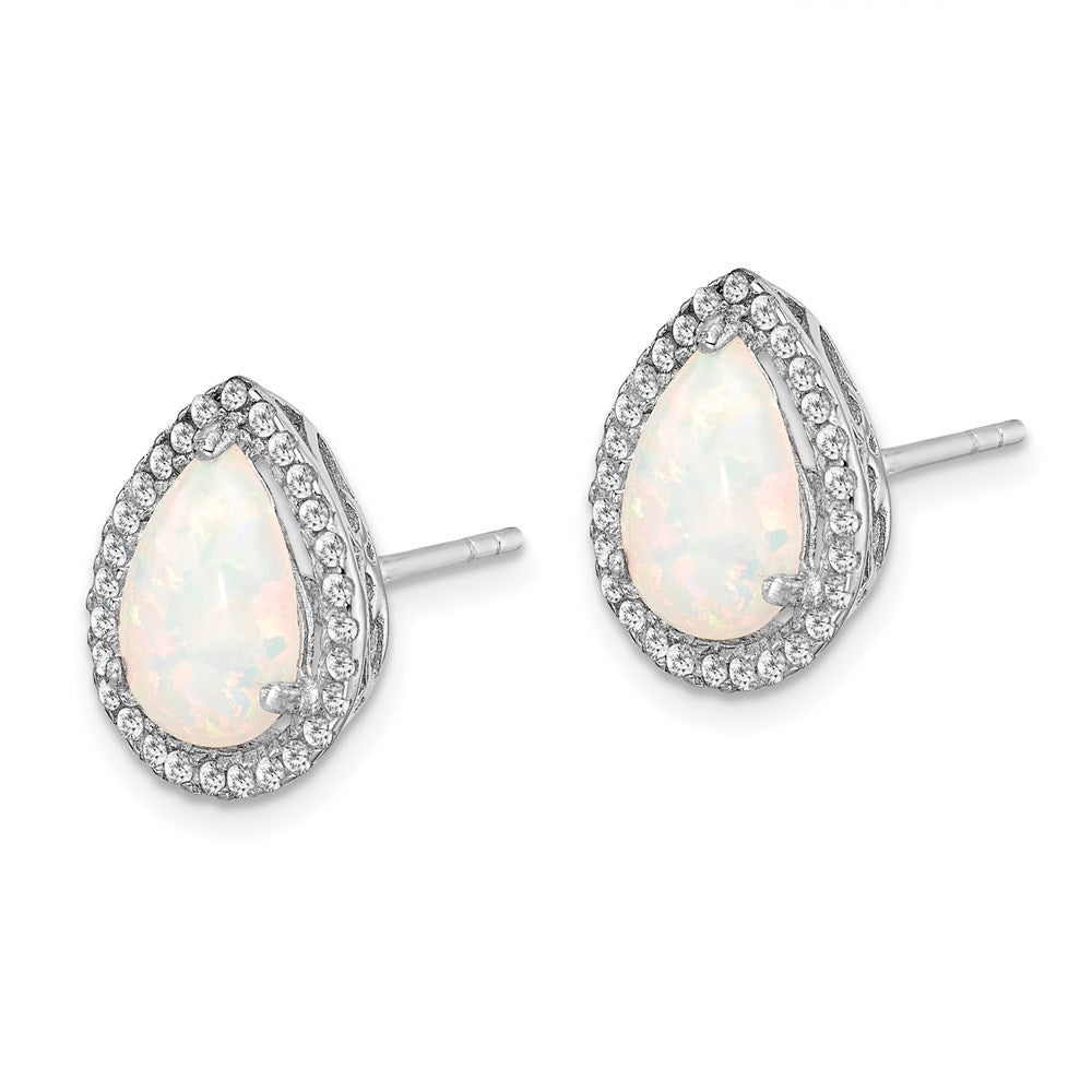 Sterling Silver Rhodium Polished Simulated Opal u0026 CZ Post Earrings