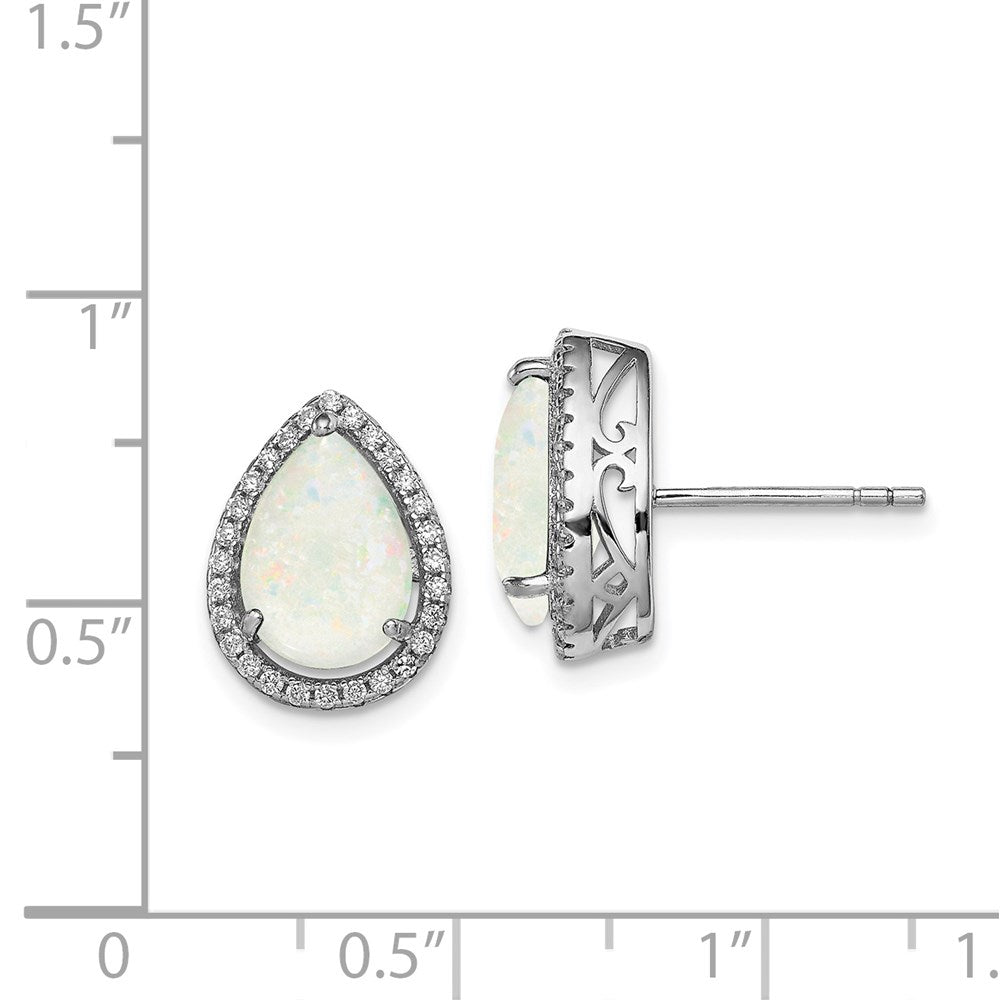 Sterling Silver Rhodium Polished Simulated Opal u0026 CZ Post Earrings