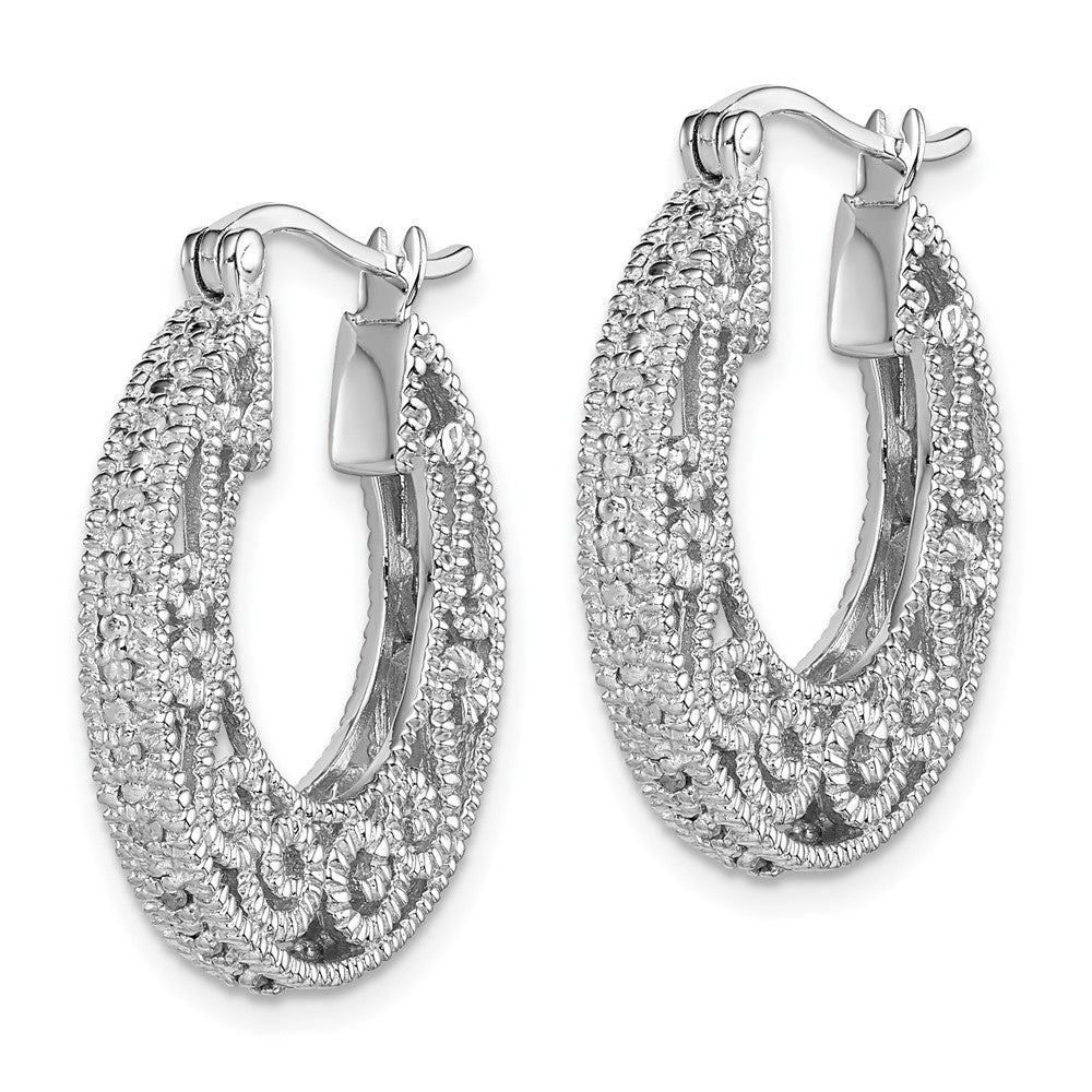 Sterling Silver Rhodium with Diamond Hinged Hoop Earrings