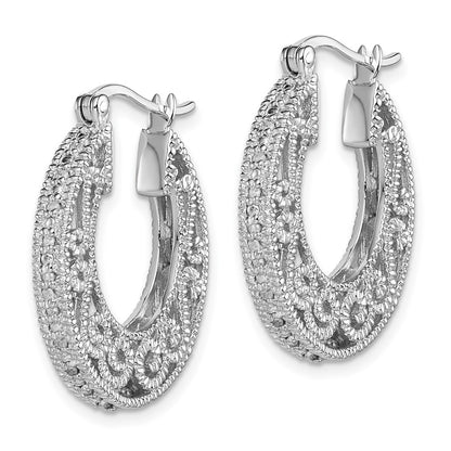 Sterling Silver Rhodium with Diamond Hinged Hoop Earrings