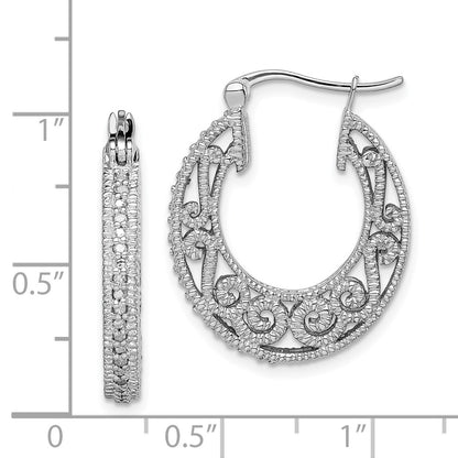 Sterling Silver Rhodium with Diamond Hinged Hoop Earrings