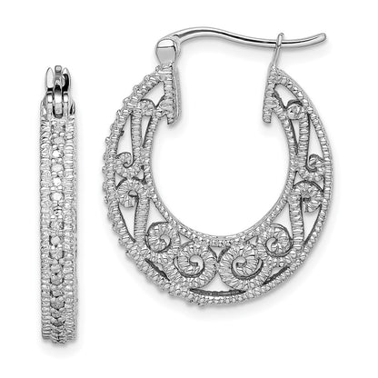 Sterling Silver Rhodium with Diamond Hinged Hoop Earrings