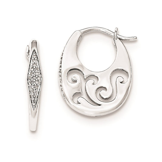 Sterling Silver Diamond Cut-out design Oval Hoop Earrings