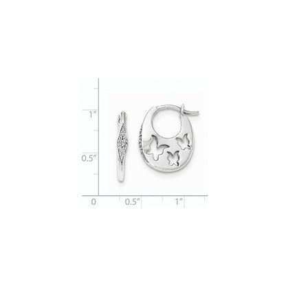 Sterling Silver Diamond with Butterflies Oval Hoop Earrings