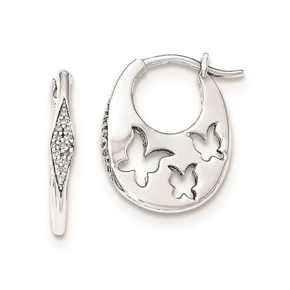 Sterling Silver Diamond with Butterflies Oval Hoop Earrings