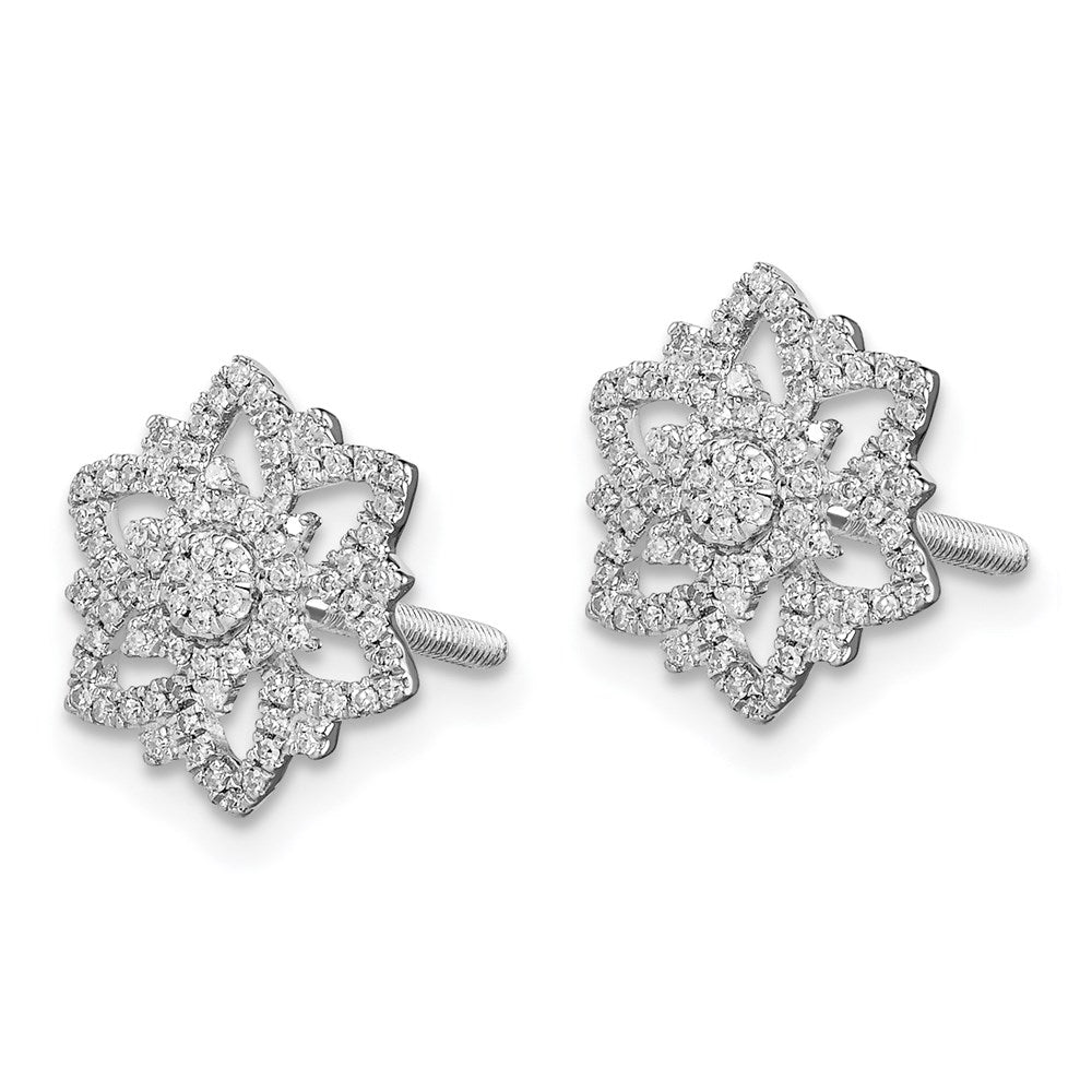 Sterling Silver Rhodium Diamond Flower Screwback Post Earrings