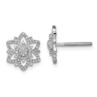 Sterling Silver Rhodium Diamond Flower Screwback Post Earrings