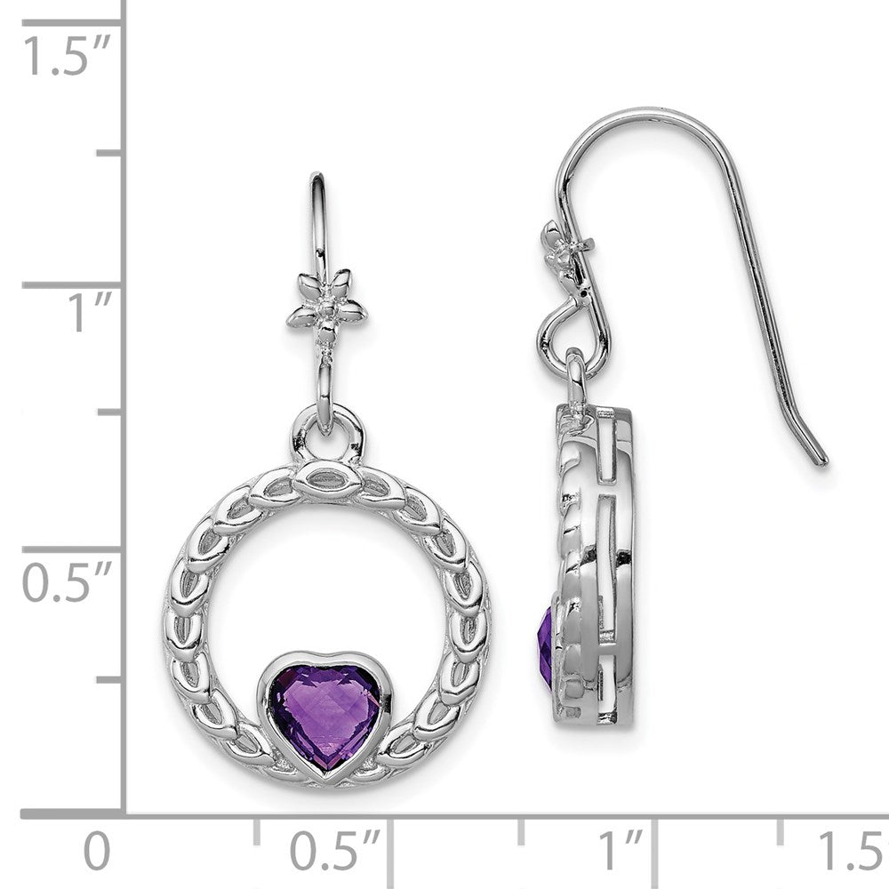 Sterling Silver Rhodium-plated Amethyst Heart Dangle Earring