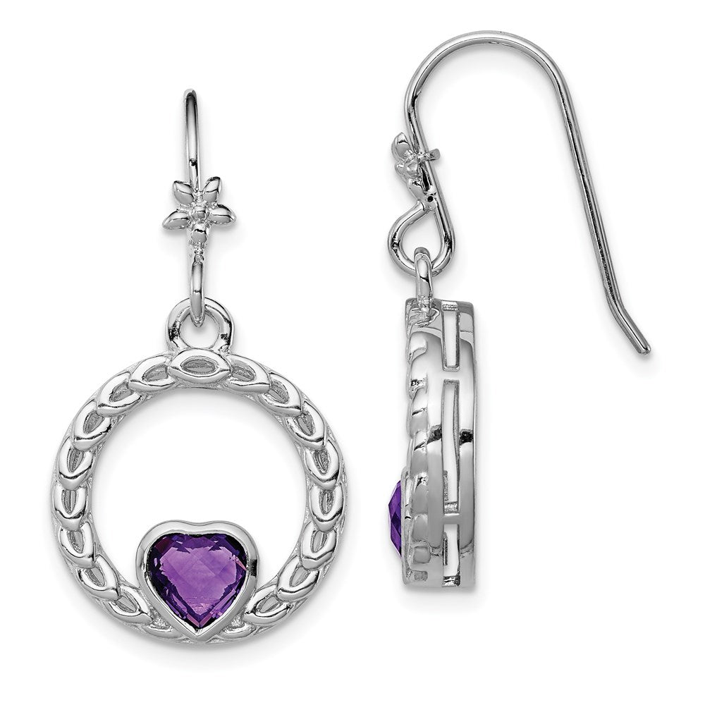 Sterling Silver Rhodium-plated Amethyst Heart Dangle Earring