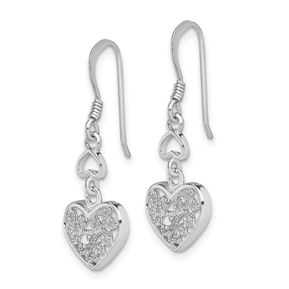 Sterling Silver RH-plated Diamond Heart Shepherd Hook Earrings