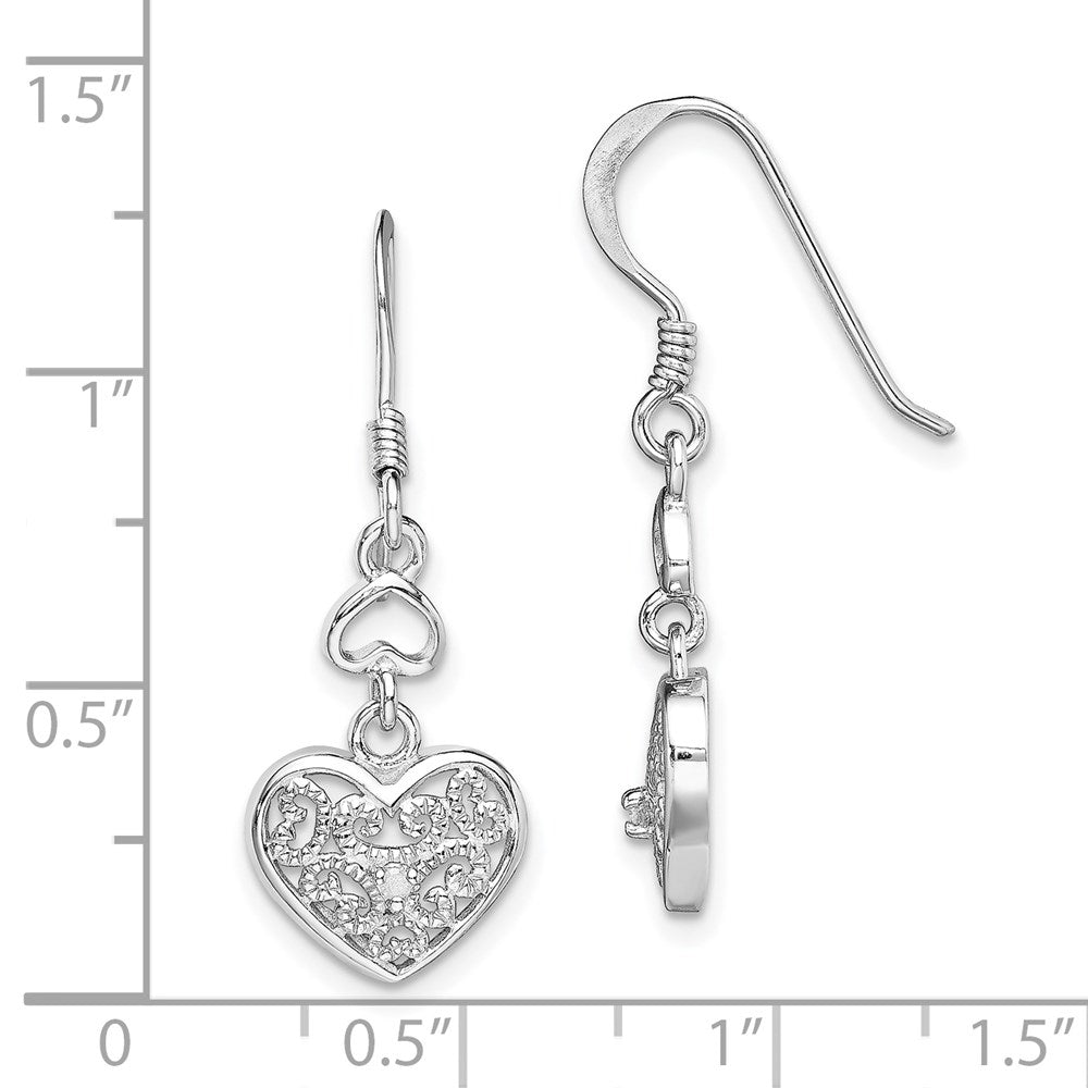 Sterling Silver RH-plated Diamond Heart Shepherd Hook Earrings