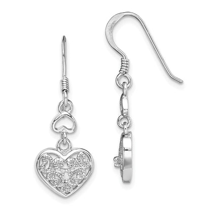 Sterling Silver RH-plated Diamond Heart Shepherd Hook Earrings