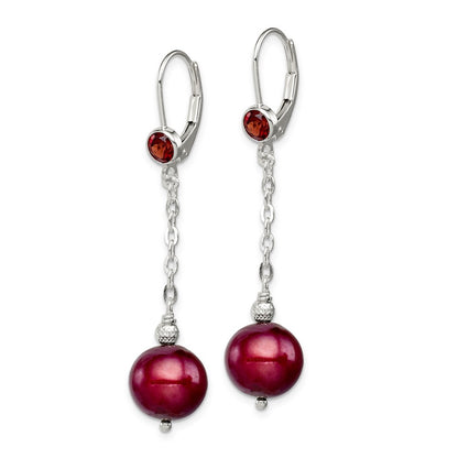 Sterling Silver Garnet u0026 9-10mm Cranberry FWC Pearl Leverback Earrings