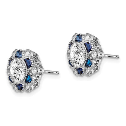Sterling Silver Rhodium-plated Blue Spinel and CZ Flower Post Earrings