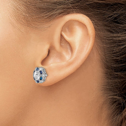 Sterling Silver Rhodium-plated Blue Spinel and CZ Flower Post Earrings