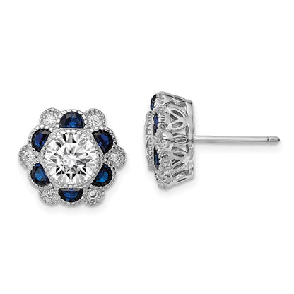 Sterling Silver Rhodium-plated Blue Spinel and CZ Flower Post Earrings