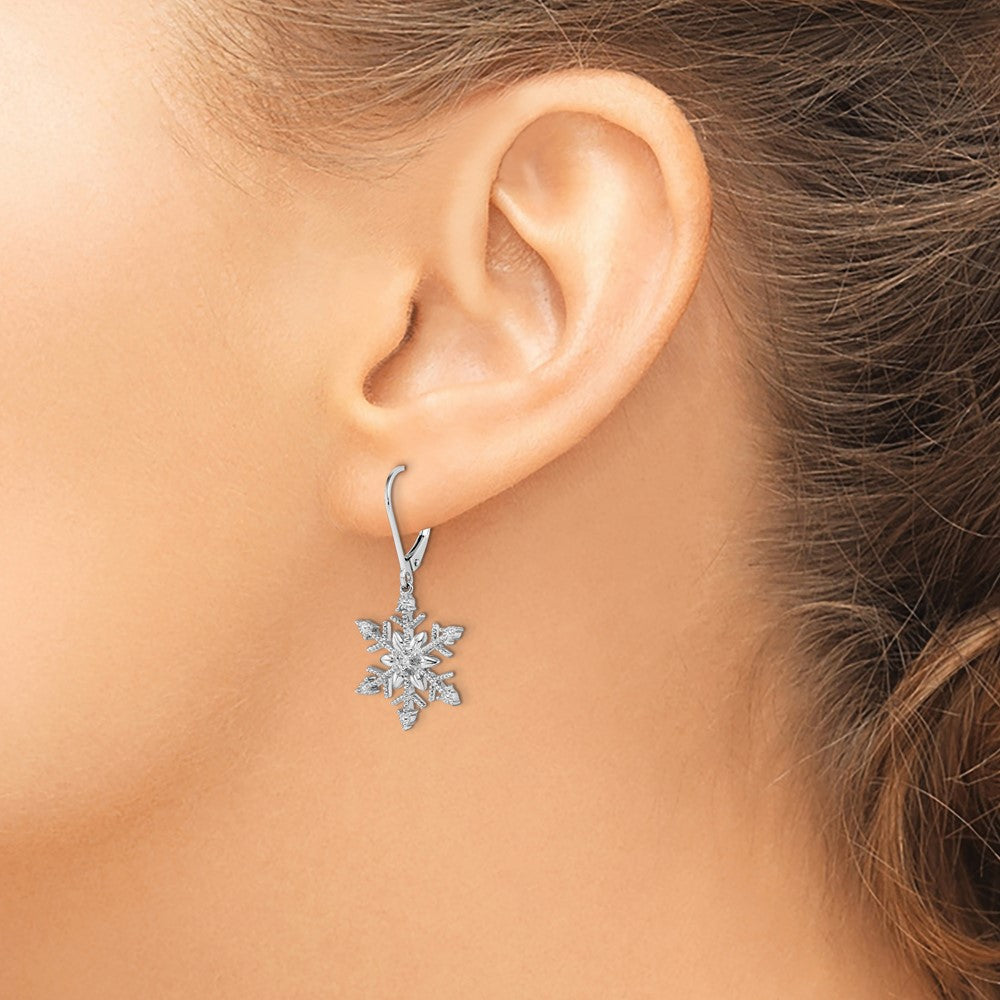 Sterling Silver Rhodium Diamond Snowflake Leverback Earrings