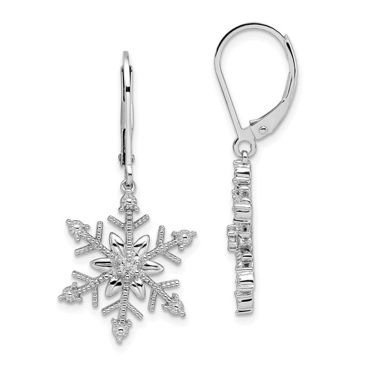 Sterling Silver Rhodium Diamond Snowflake Leverback Earrings