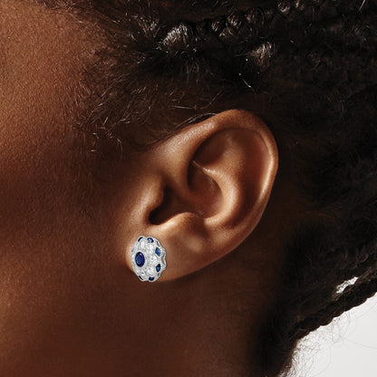 Sterling Silver RH Plated CZ and Synthetic Blue Spinel Flower Post Earrings