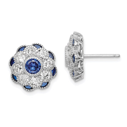 Sterling Silver RH Plated CZ and Synthetic Blue Spinel Flower Post Earrings
