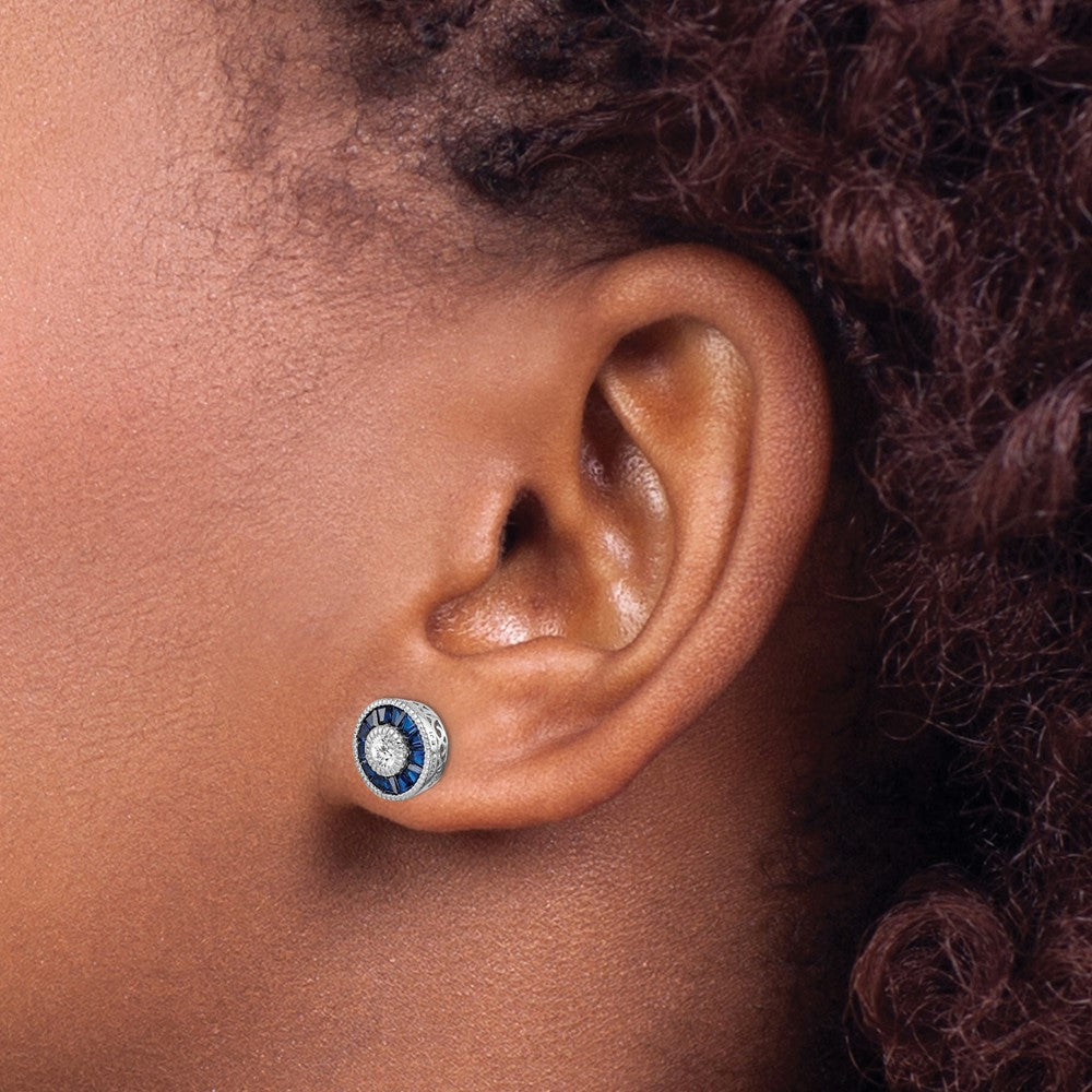 Sterling Silver Rhodium-plated Synthetic Blue Spinel and CZ Earrings