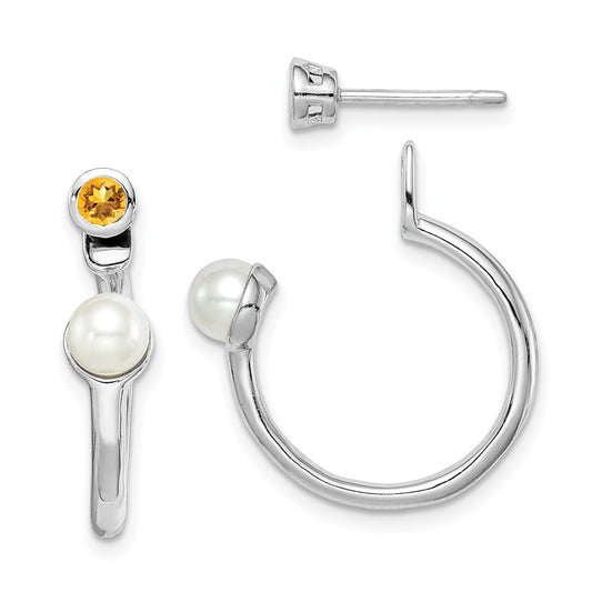 Sterling Silver Rhodium-plated FWC Pearl Citrine Front u0026 Back Post Earrings