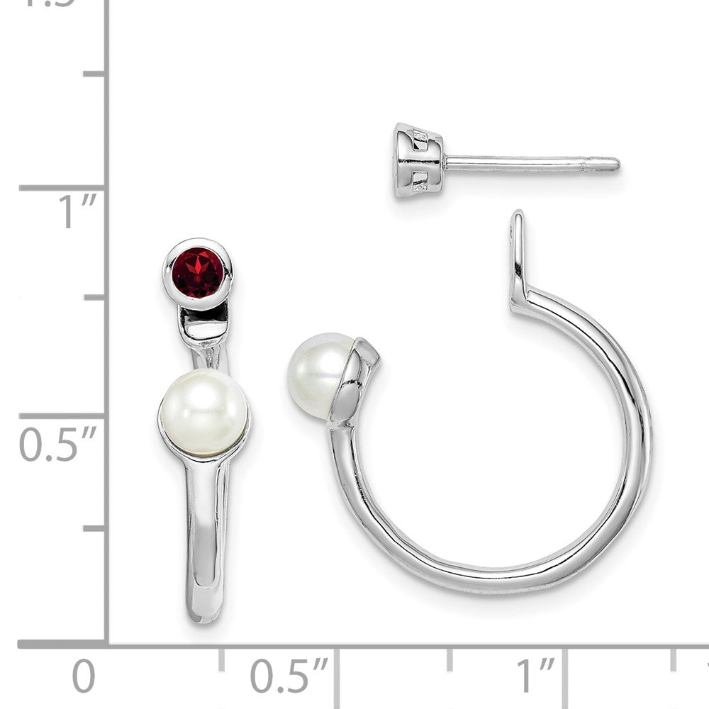 Sterling Silver Rhodium-plated FWC Pearl u0026 Garnet Front u0026 Back Post Earring