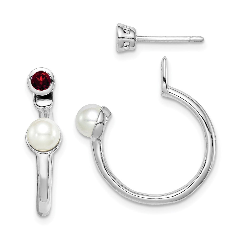 Sterling Silver Rhodium-plated FWC Pearl u0026 Garnet Front u0026 Back Post Earring