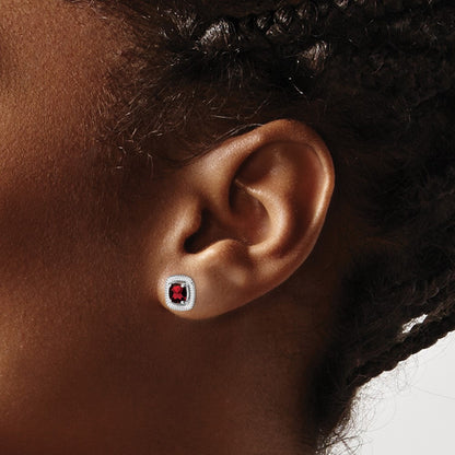 Sterling Silver Rhod-plat Garnet Square Post Earrings