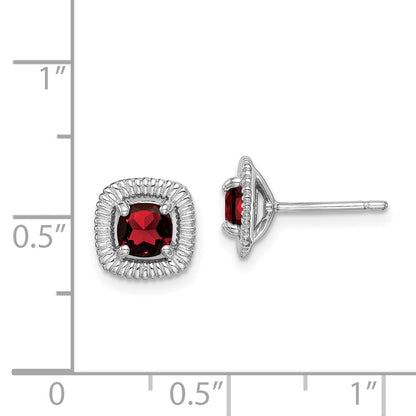 Sterling Silver Rhod-plat Garnet Square Post Earrings