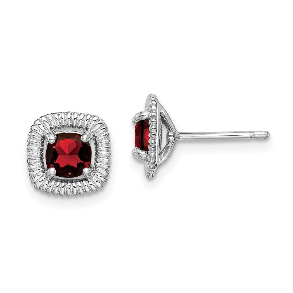 Sterling Silver Rhod-plat Garnet Square Post Earrings