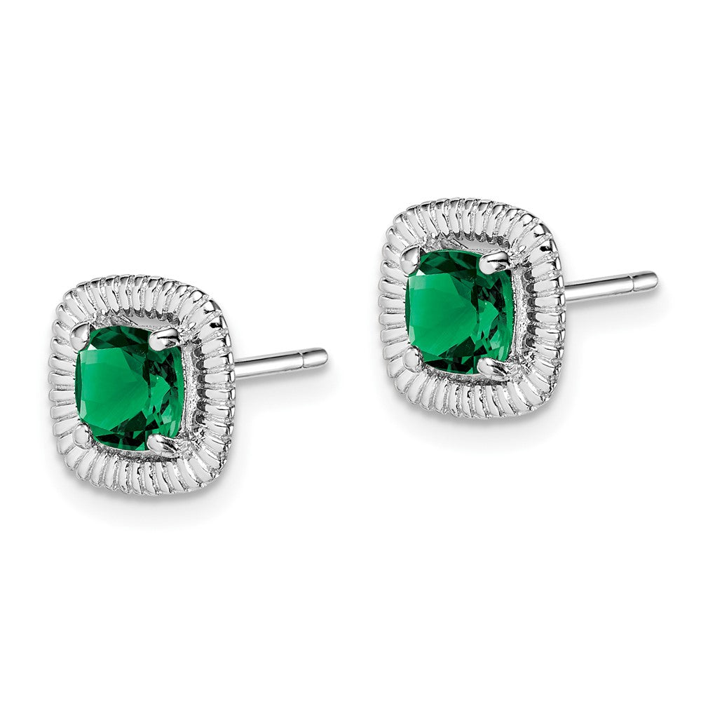 Sterling Silver Rhod-plat Created Emerald Square Post Earrings