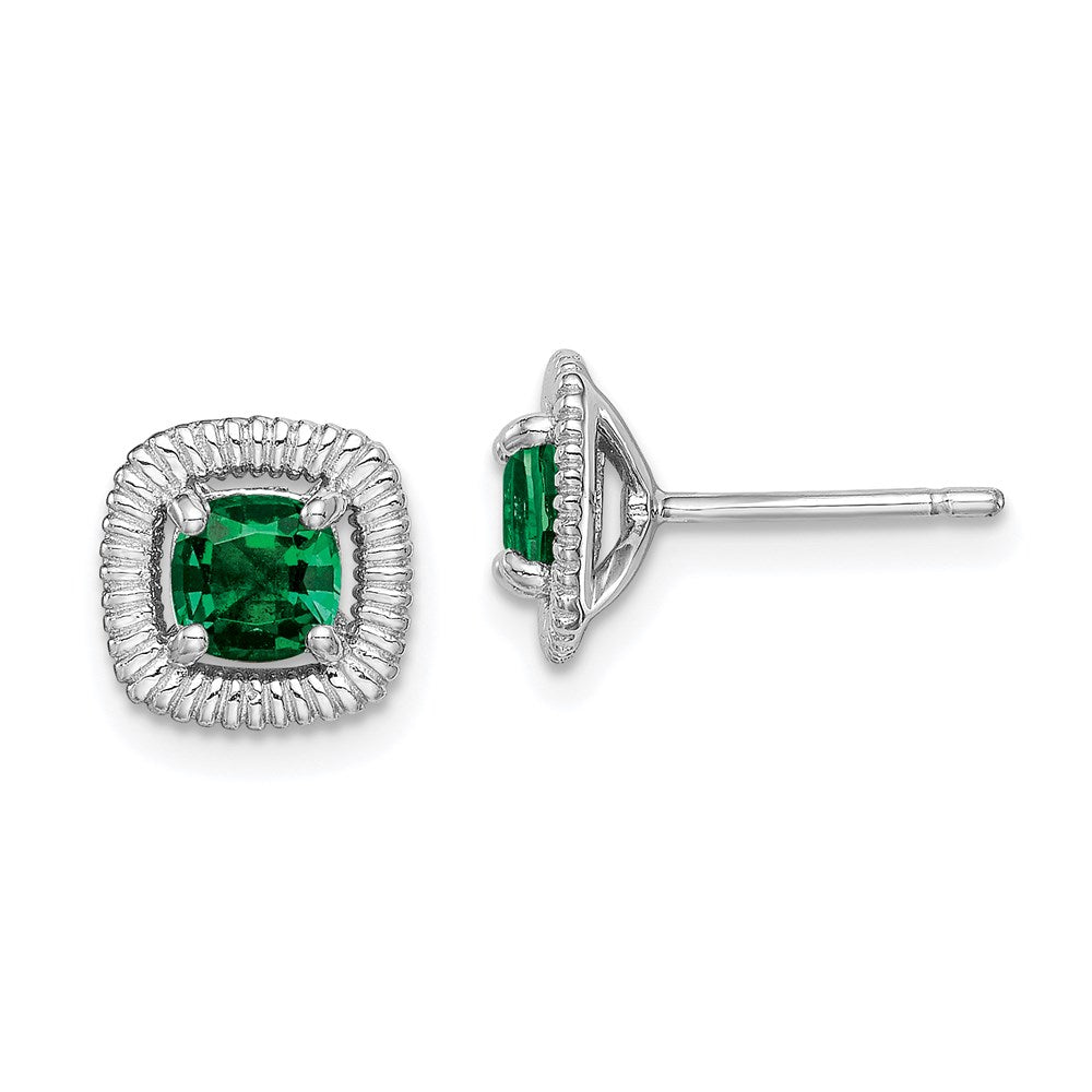 Sterling Silver Rhod-plat Created Emerald Square Post Earrings