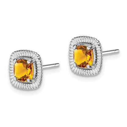 Sterling Silver Rhod-plat Citrine Square Post Earrings
