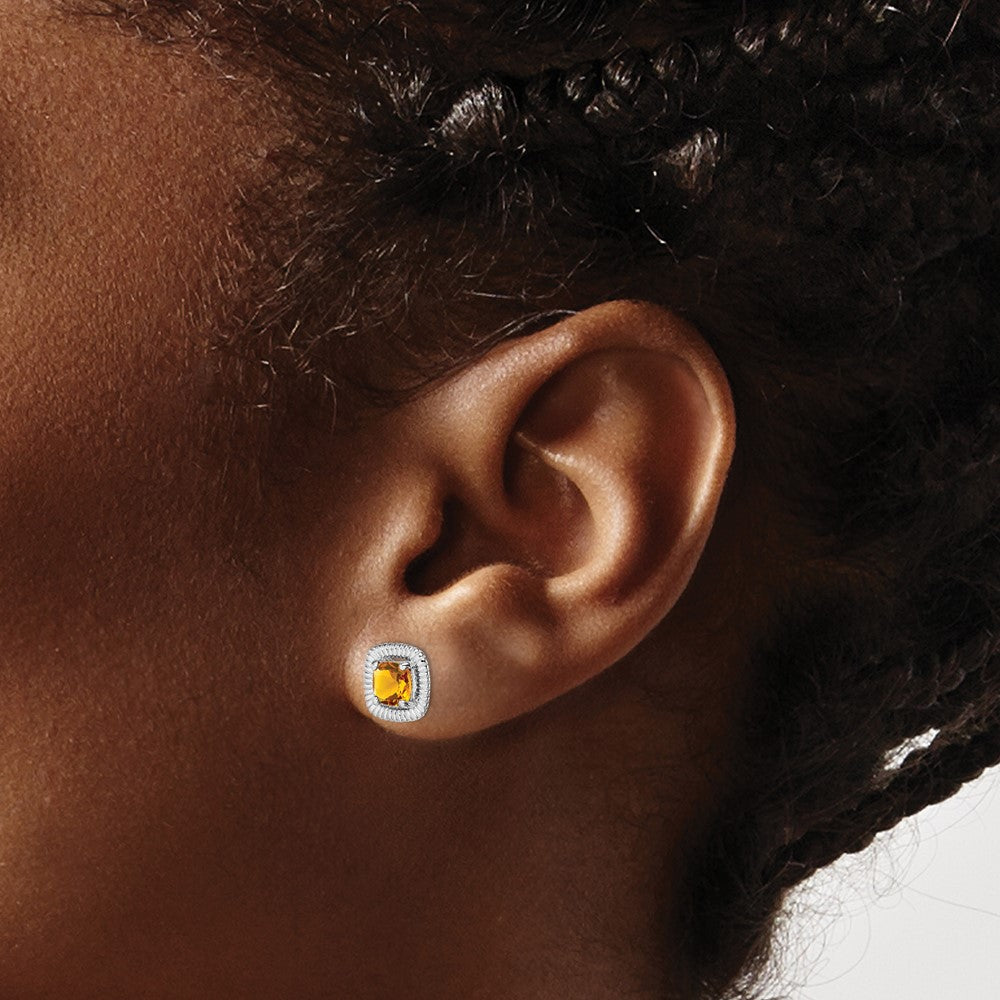Sterling Silver Rhod-plat Citrine Square Post Earrings