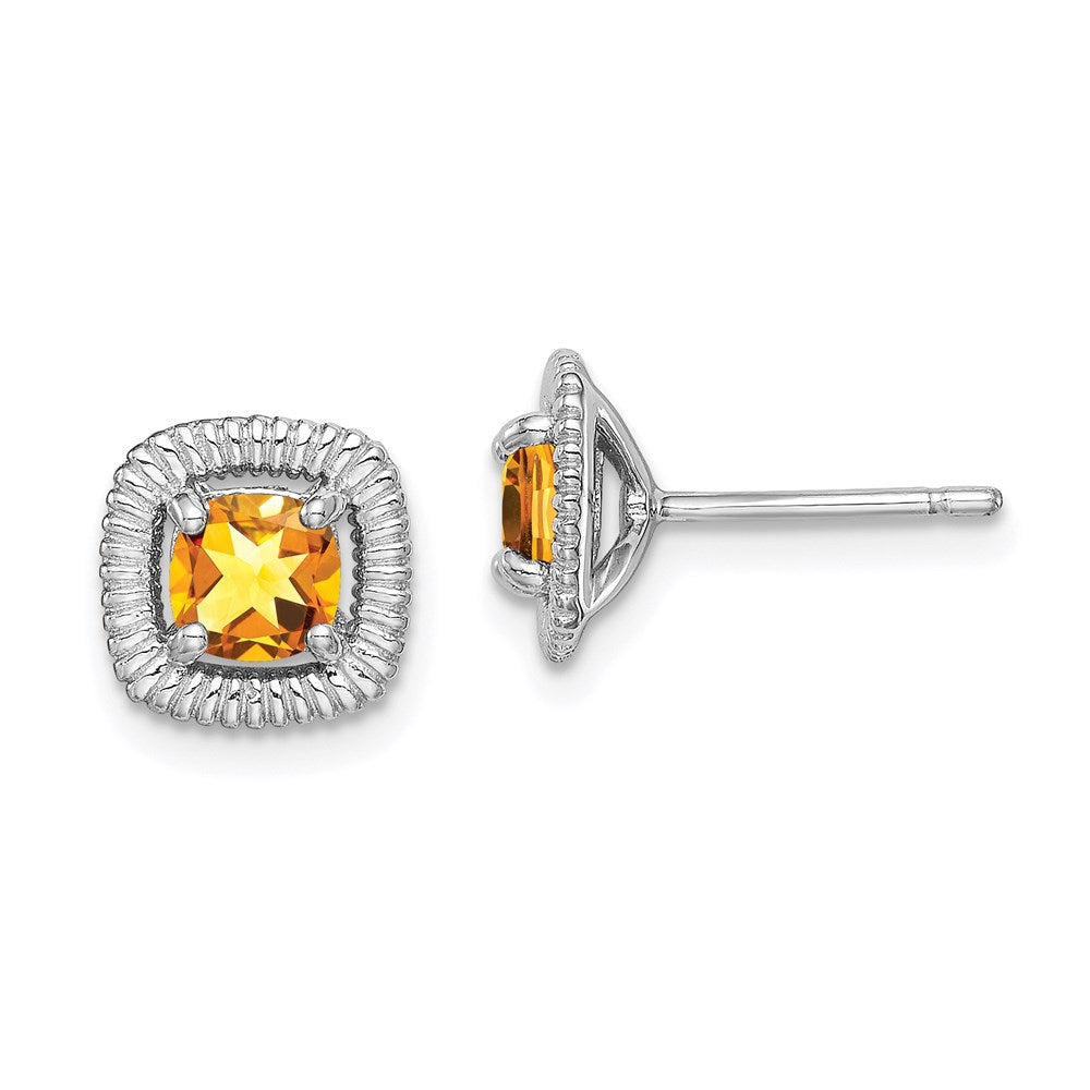 Sterling Silver Rhod-plat Citrine Square Post Earrings