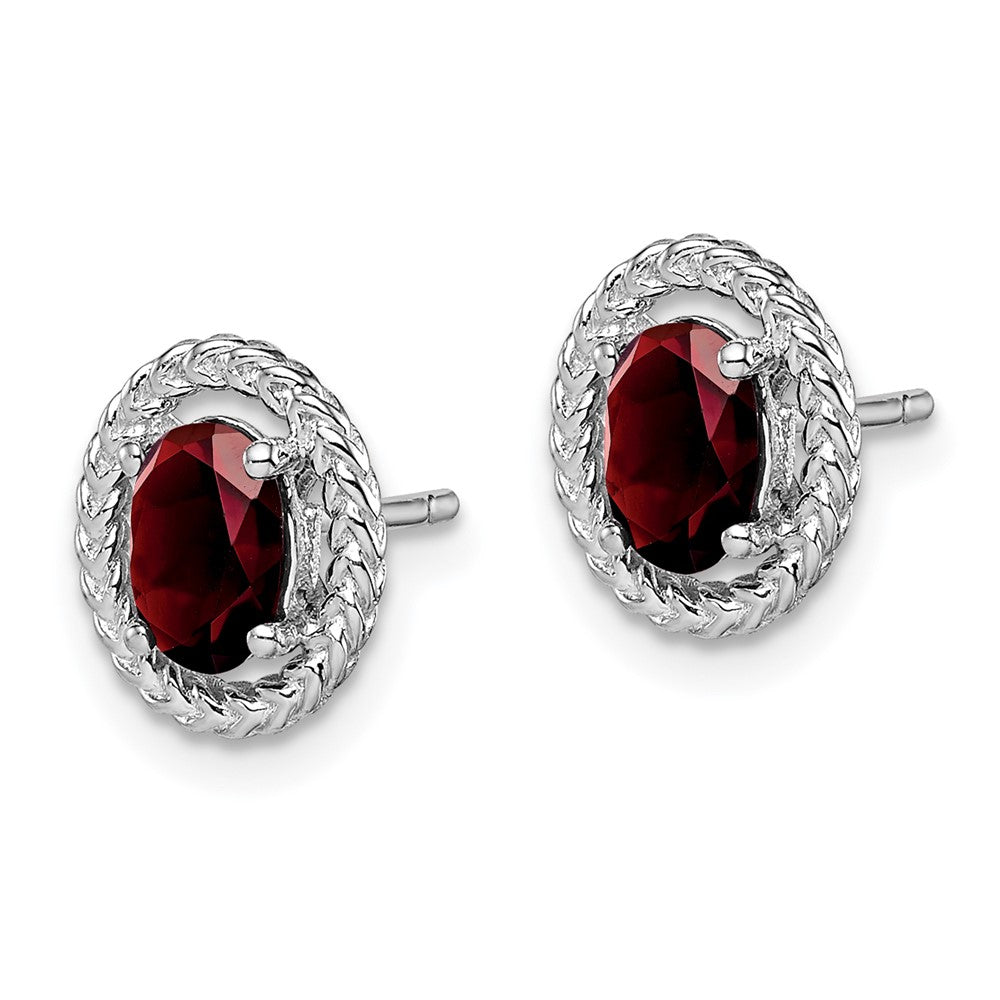 Sterling Silver Rhod-plat Garnet Oval Post Earrings