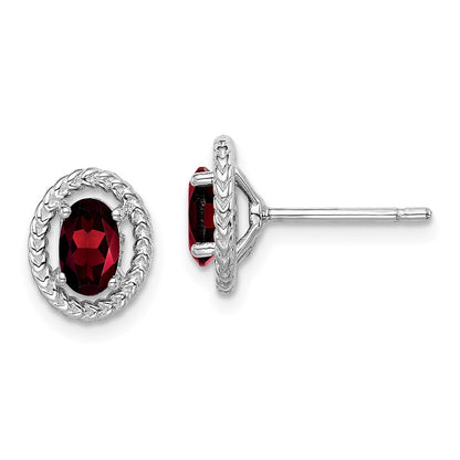 Sterling Silver Rhod-plat Garnet Oval Post Earrings